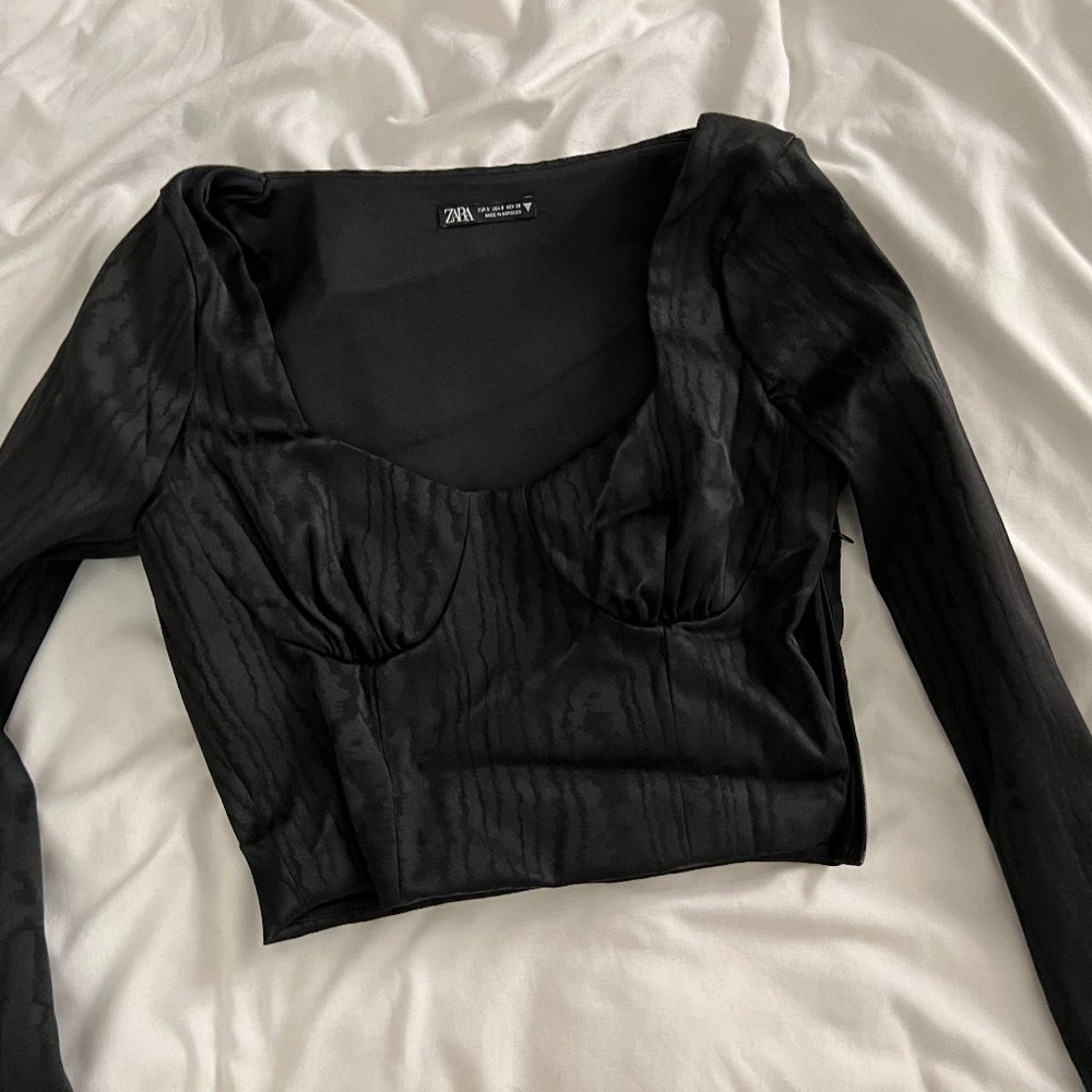 Zara black satin long sleeve top S